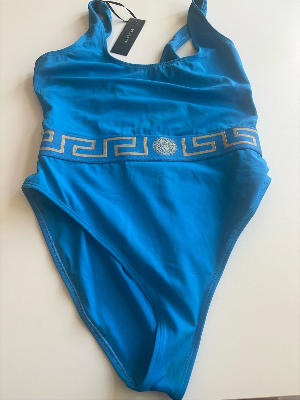 Versace Turquoise One-Piece Swimsuit with Gold Greca Band